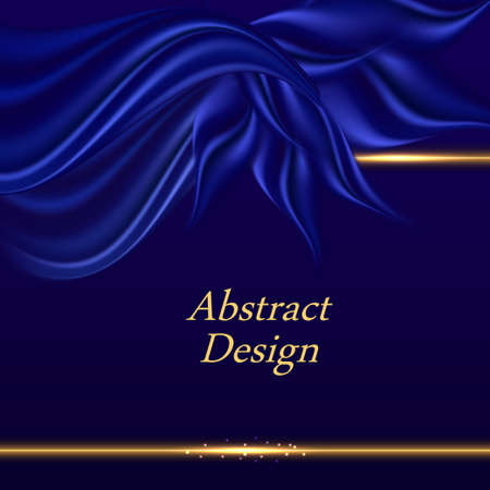 Blue satin background with wavy drapes. Luxurious blue silk texture, abstract design with swirls and golden border lines. For poster or banner. Vector illustrationのイラスト素材