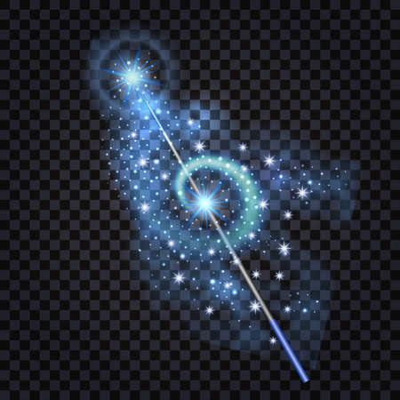 Magic wand with fantasy light glowing effect, shimmer sparkles and star dust, blue shine flare. Isolated design element, abstract vector illustrationのイラスト素材