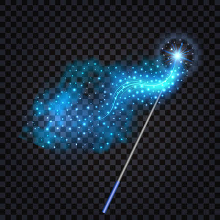 Magic wandwith fantasy light effect. Magic blue glowing light and sparkles, star dust trail. Isolated object on transparent background, vector illustrationのイラスト素材