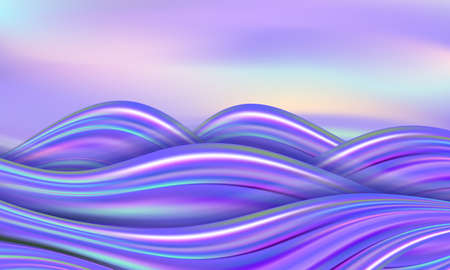 Decorative landscape with rainbow waves and sunset sky. Fantasy stylized, purple and blue holographic color flow effect. Abstract background, vector illustrationのイラスト素材