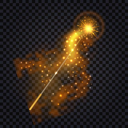 Magic wand with fire trail, glowing light effect and shiny sparkles. Vibrant golden radiance, isolated object. Abstract vector illustrationのイラスト素材