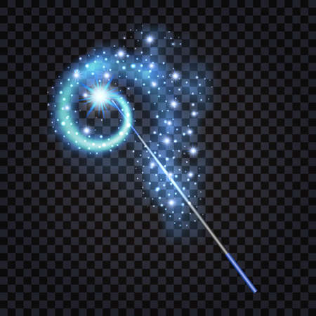 Magic wand isolated with shiny sparkles and blue light effect on transparent background. Vector illustrationのイラスト素材