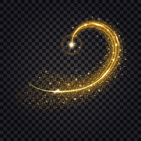 Magic gold swirl wave with glowing light effect. Golden shiny sparkles, dynamic spiral trail. Abstract vector illustration, isolated elementのイラスト素材