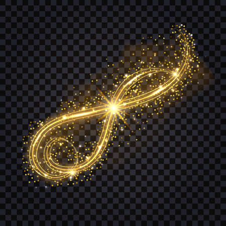 Golden wave swirl with glowing light effect. Shiny gold dynamic lines and glittering sparkles. Abstract  illustration, isolated objects on transparent backgroundのイラスト素材