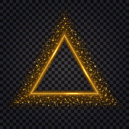 Gold glowing triangle. Glittering sparkles and stardust, golden border. Triangular shape, realistic effect, isolated object on dark transparent background.のイラスト素材