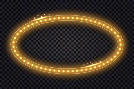 LED light frame with neon glowing effect. Golden shiny border, ovel ring shape. sith diode flare. Isolated on transparent background. Vector illustration.のイラスト素材