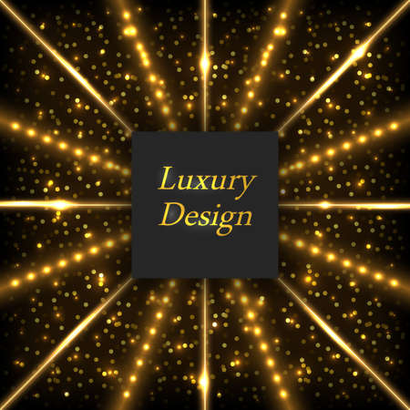 Gold glowing luxury background. Shiny lines with neon light effect and LED rays, shimmering sparkles and stardust. Modern geometric design, vector illustrationのイラスト素材
