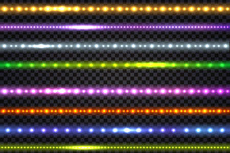 LED light garlands with neon glow effect, with glitter light Set ofcolorful lines and illuminated strips, isolated tapes on transparent background. Vector illustrationのイラスト素材