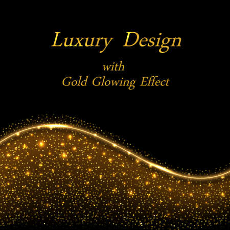 Gold luxury design, golden glowing sparkles on black background. Shiny star dust with light effect and wave border line.のイラスト素材