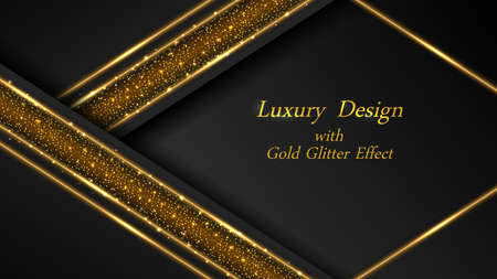 Gold on black luxury background. Golde glowing lines and shiny sparks with glittering effect. Modern geometric design, abstract luxurious backdrop. Vector illustrationのイラスト素材