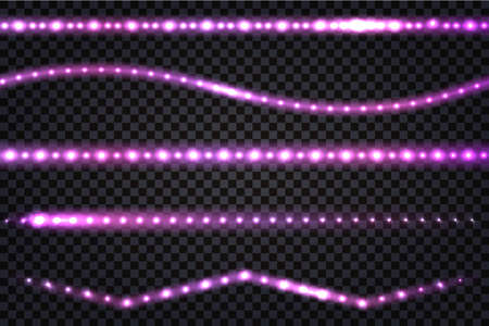 LED light garlands with purple neon glow effect, with glitter light Set of lines, illuminated strips and waves, isolated tapes on transparent background. Vector illustrationのイラスト素材