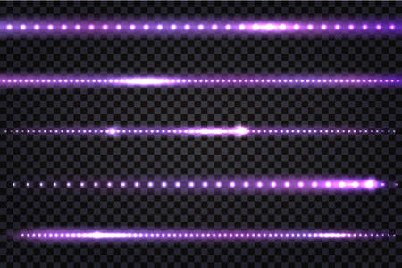 LED light purple lines with realistic neon glow effect. Illuminated colorful strips with flares isolated on transparent background. Vector illustration.のイラスト素材