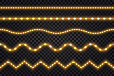 Realistic gold led lines with neon glow light effect. Illuminated strips and waves, set of isolated tapes on transparent background. Vector illustrationのイラスト素材