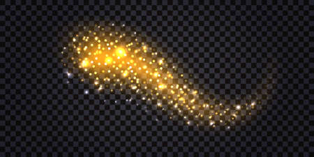 Golden glowing swirl with glitter fire trail and light effect. Shiny luminous stardust and flying particles. Isolated element on transparent background, vector illustrationのイラスト素材