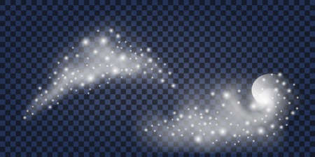 Snow and wind swirls with glitter sparkles and flakes. Silver snow whirlwind, winter mist and fog. Christmas decorative elements isolated on transparent background. Vector illustrationのイラスト素材