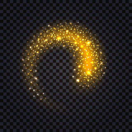Golden glowing swirl with glitter fire trail and light effect. Shiny luminous stardust and flying particles. Isolated element on transparent background, vector illustrationのイラスト素材