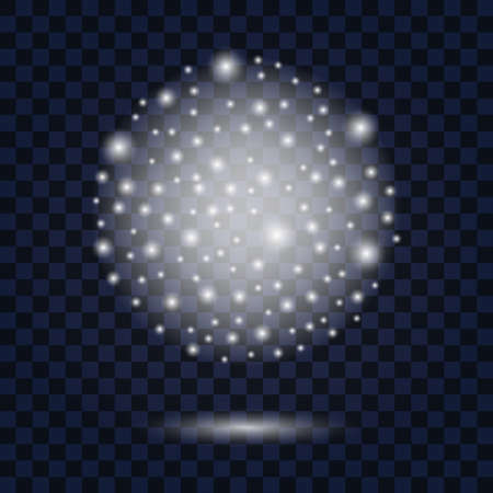 Silver snow globewith glowing sparkles and snowflakes. Winter Christmas decoration with shimy luminous particles and star dust. Vector illustrationのイラスト素材