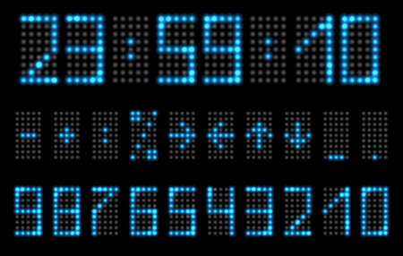 LED numbers with blue neon glowing effect. Digital timer or clock with luminous fluorescent shine. Set of digits and special symbols isolated on black background, vector illustrationのイラスト素材