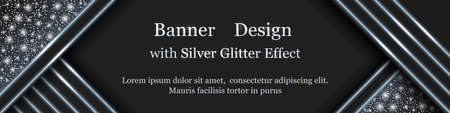 Silver Christmas banner design with light glowing effect, snowflakes and glitter sparks. Modern geometric style, silver shine snow and lines on black background. Vector illustrationのイラスト素材