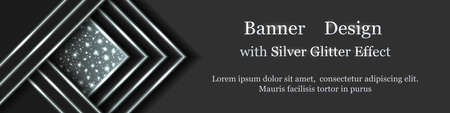 Silver Christmas banner design with light glowing effect, snowflakes and glitter sparks. Modern geometric style, silver shine snow and lines on black background. Vector illustrationのイラスト素材