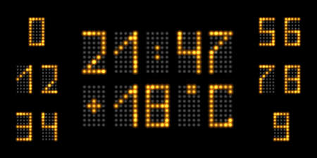 LED numbers with golden neon glow. Digital tableau, timer and temperature panel. Set of digits with luminous shine fluorescent light effect. Vector illustrationのイラスト素材