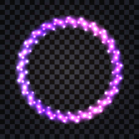 LED frame with neon glowing l Purple shiny border with luminous light effect. Disco design with diode lamp shimmer, Christmas garland. Isolated frame border on dark transparent background, vector illustrationのイラスト素材
