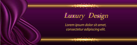 Luxury background with silk purple wavy swirl and golden border lines. Smooth satin fabric texture and glowing gold. Trendy design for banner or poster. Vector illustrationのイラスト素材