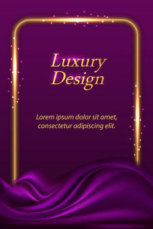Luxury background with purple silk fabric texture and golden glowing border. Luxurious satin drapery and gold rectngular shiny frame. Abstract vector backdrop for banner or posterのイラスト素材