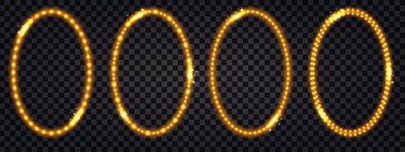 Golden LED light frames with neon glow light. Luminous gold borders, oval shape shiny garlands, realistic flare illumination effect. Isolated on dark transparent background, vector illustrationのイラスト素材