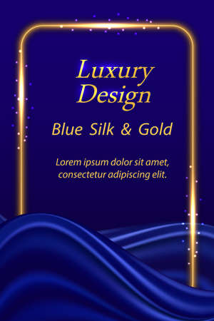 Blue silk luxury background. Deep blue satin fabric texture with curtain drapery and golden glowing rectangular frame border. Luxurious abstract backdrop for banner or poster. Vector illustrationのイラスト素材