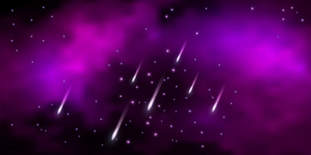 Galaxy space background with shining star nebula and flying meteorites and cloudy mist. Purpla abstract cosmic backdrop, vector illustrationのイラスト素材