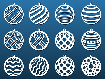 Laser cut Christmas balls. Set of templates for cnc cutting, paper art, fretwork Metal, wood, leather, resin, fretwork diy craft. Decorative elements, coasters, pendants. Vector illustrationのイラスト素材