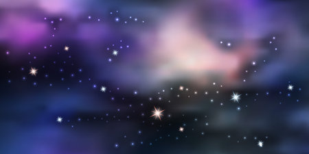 Galaxy space background. Night sky sith star nebula and aurora borealis. Glowing stardust, blue and purple colors shine. Vector illustrationのイラスト素材