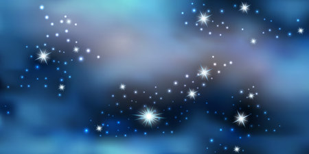 Blue night sky with shiny stars. Galaxy space background, nebula stardust. Cosmic universe. Vector illustration