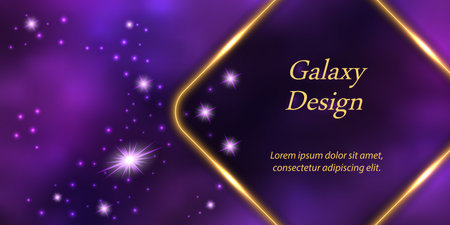 Golden glowing frame on galaxy space background. Gold rhumb border and magic cosmic world with shiny stars. Banner or poster design Vector illustrationのイラスト素材