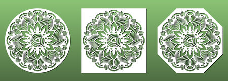 Laser cut coasters ornate with mandala floral pattern. Set of CNC cutting stencils for home decor, wall art, paper art, diy craft. Decorative tiles or panels. Vector illustrationのイラスト素材