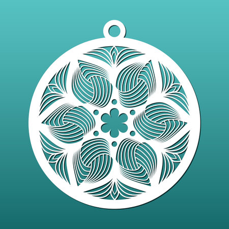 Laser cut Christmas balls CNC cutting stencil with abstract floral pattern. Paper art, home Christmas decor, fretwork. Coaster or decorative pendant, vector illustrationのイラスト素材