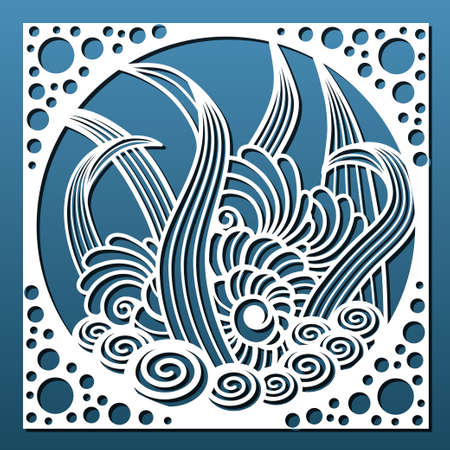 Laser cut panel with underwater design. Wall art, home decor, room divider or screen. CNC cutting stencil. Sea shells and plants pattern. Vector illustrationのイラスト素材