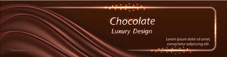 Chocolate luxury background for banner or poster design. Chocolate wavy silk swirl curtain with smooth realistic satin texture and glowing metal frame border. Vector illustrationのイラスト素材