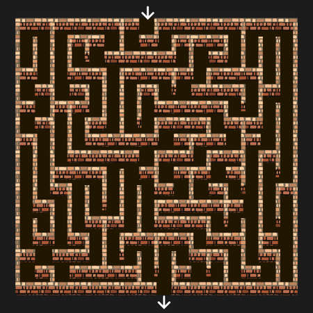 Maze 3d. Labyrinth with brick stone walls for puzzle or dungeon escape game level design. Top down view. Vector illustrationのイラスト素材