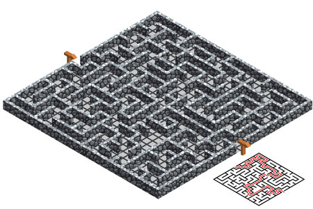 3D maze, isometric labyrinth with stone walls. Game level design for puzzle or dungeon escape game. Gray stone texture. Vector illustrationのイラスト素材