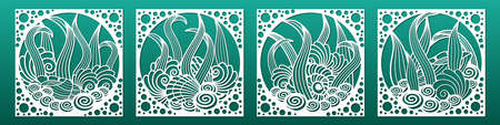 Set of laser cut emplates. Nautical wall art panels for home interior decor, underwater sea world design with seashells. Cnc cutting stencil. Vector illustrationのイラスト素材