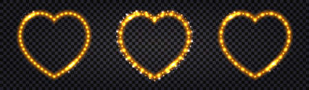 Neon LED frames with golden lglowing light effect. Luminous borders, illuminated garlands for night decoration, heart for Valentine's day. Isolated frames on dark background. Vector illustrationのイラスト素材