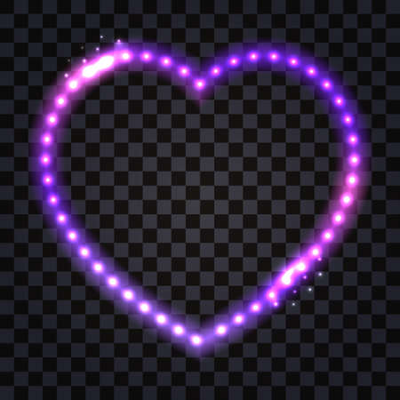 Neon LED heart frame with light glowing effect and sparkles. Luminous purple gaeland border for disco party decoration or Valentine's day. Vector illustration, isolated on dark transparent backgroundのイラスト素材