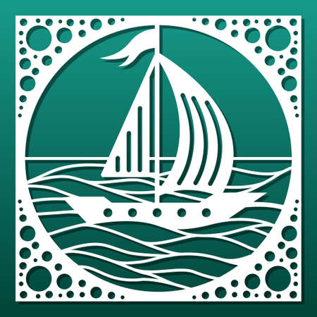 Laser cut panel or decorative tile, cnc cutting stencil. Sea waves and sail boat silhouette for wall art, home interior design, paper art. Vector illustrationのイラスト素材