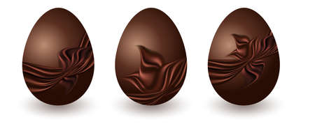 Chocolate Estaer eggs isolated decorated with dark brown silk ribbon and bow. Dark brown milk chocolate eggs on white background. Vector illustrationのイラスト素材
