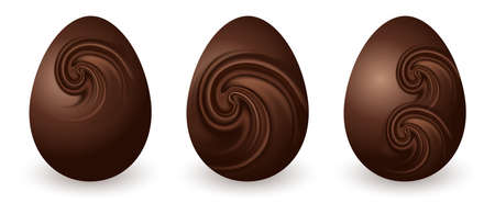 Chocolate Easter eggs isolated ornate with chocolate wave. Decorative elements for traditional Easter. Dark brown eggs on white background. Vector illustrationのイラスト素材