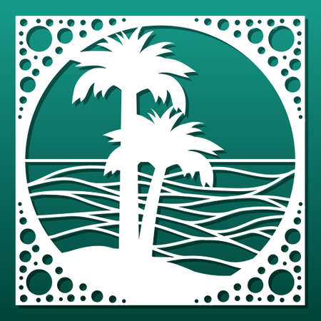 Laser cut panel or decorative tile, cnc cutting stencil. Palms and sea waves. Wall art, home interior design, room screen, paper art. Vector illustrationのイラスト素材