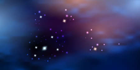 Blue night sky with purple sunset light. Galaxy space background with shiny fying stars. Vector illustrationのイラスト素材