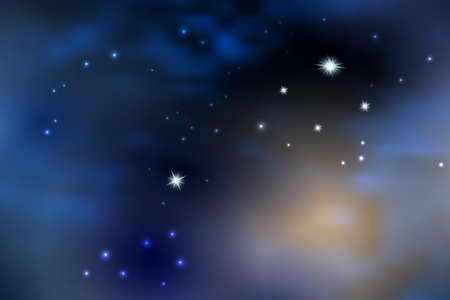 Night bluestarry sky with sunlight through clouds. Galaxy space background, nebula and star constellations. Cosmic vector illustrationのイラスト素材